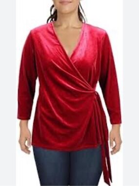 Anne Klein Red Velvet Wrap Top with Side Tie 2X
